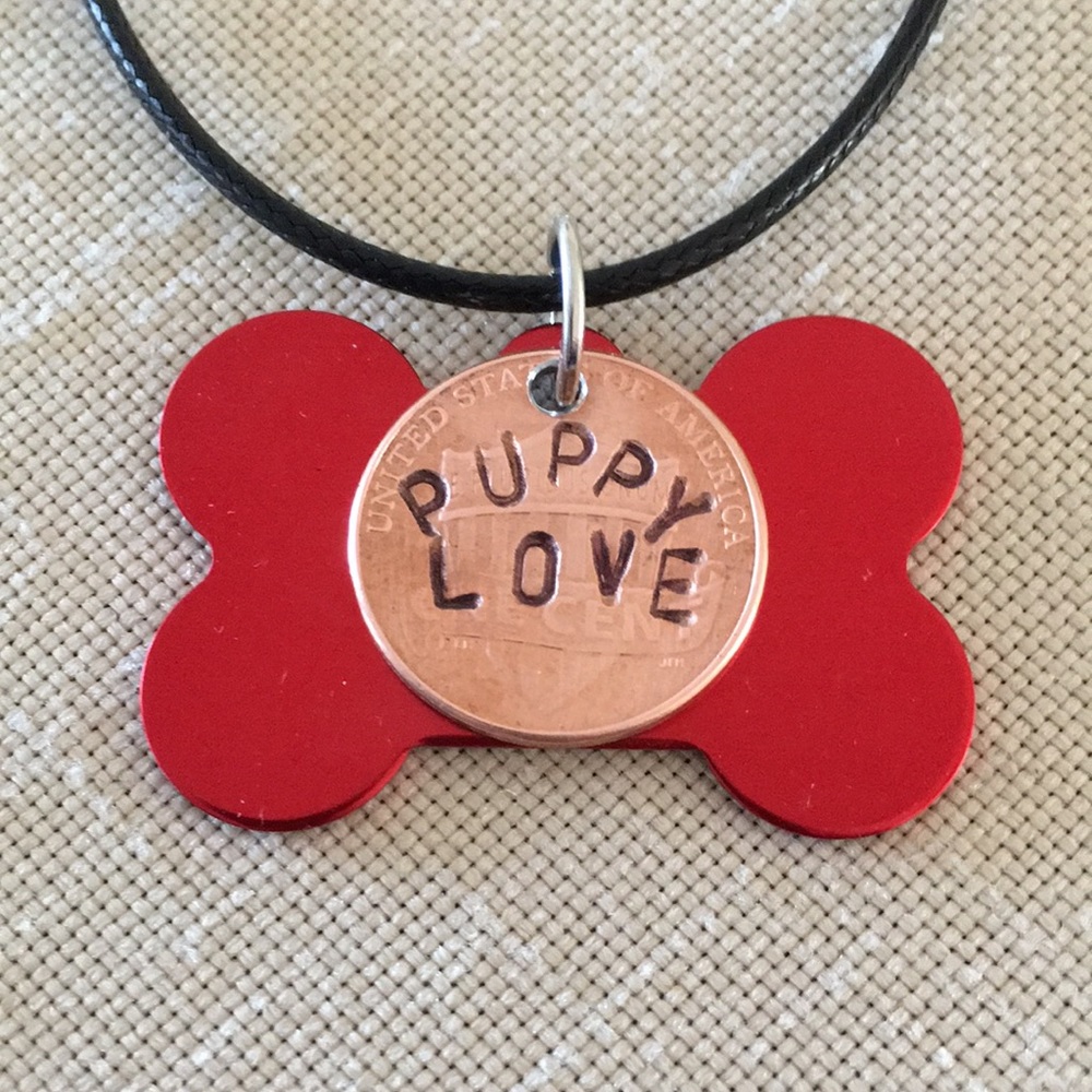 PUPPY LOVE Dog Bone Necklace Red Handcrafted Artisan Stamped Penny
